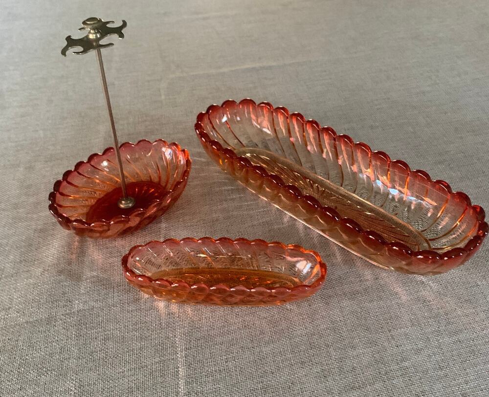 Vintage Baccarat Déposé Dresser Set | Depression Era Cranberry–Amber Glass